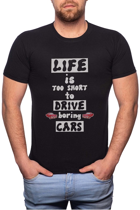 Life is Short, Normál fazonú feliratos férfi poló, 100% Pamut, GR427, Fekete