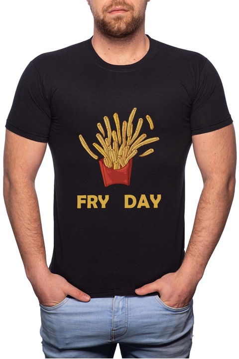 Fry Day, Normál fazonú feliratos férfi poló, 100% Pamut, GM431, Fekete