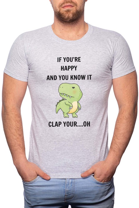 T-Rex, Normál fazonú feliratos férfi poló, 100% Pamut, R436, Szürke