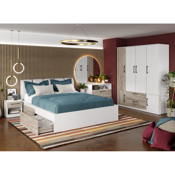 Dormitor Relax, c26, Pat tapitat, 160x200, Dulap 165cm, Comoda, Noptiere, Culoare Alb/Stejar