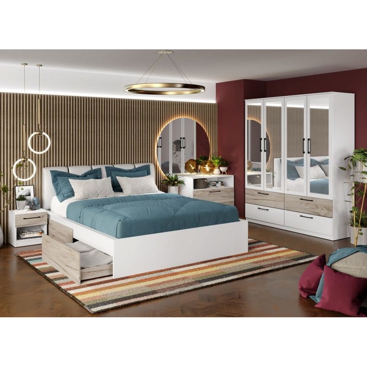 Dormitor Relax, c24, Pat tapitat, 160x200, Dulap 164cm cu Oglinda, Comoda, Noptiere, Culoare Alb/Stejar