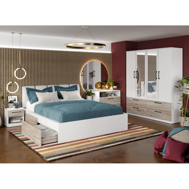 Dormitor Relax, c22, Pat tapitat, 160x200, Dulap 164cm cu Oglinda, Comoda, Noptiere, Culoare Alb/Stejar