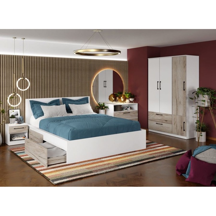 Dormitor Relax, c06, Pat cu 2 sertare, 160x200, Dulap 124cm, Comoda, Noptiere, Culoare Alb/Stejar