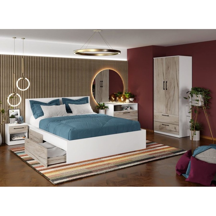 Dormitor Relax, c02, Pat cu 2 sertare, 160x200, Dulap 83cm, Comoda, Noptiere, Culoare Alb/Stejar