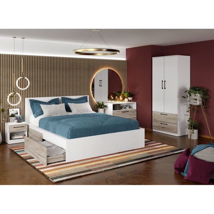 Dormitor Relax, c01, Pat cu 2 sertare, 160x200, Dulap 83cm, Comoda, Noptiere, Culoare Alb/Stejar