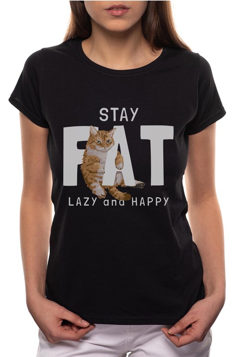 Lazy and Happy, Kerek nyakú női póló, 100% Pamut, R412, Fekete