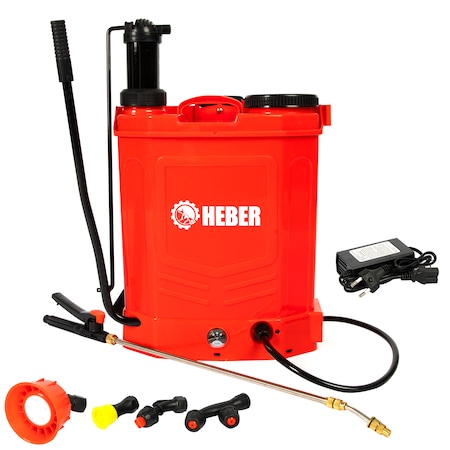 Pompa de stropit electrica 2 in 1 Heber, manual si electrica, 16 L, acumulator, 6 BAR, regulator, 5 duze