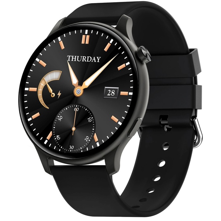 Smartwatch VIVA™ BLACK IdealStore Full HD, Ecran de 1.28 Inch cu rezolutie 240x240, Monitorizare tensiune arteriala si frecventa cardiaca, Rezistent la apa IP67, Preluare apeluri si mesaje Bluetooth, Mod multi-sport, Sistem de operare Android sau IOS