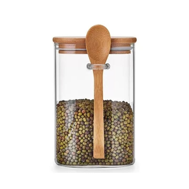 Recipient 700 ML din Sticla borosilicata, cu lingurita si capac Bamboo