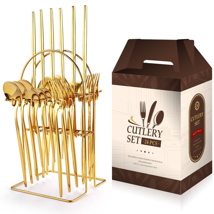 Комплект прибори за хранене TRENDY'S, За 6 души, Включена опора, Златист, 24 части