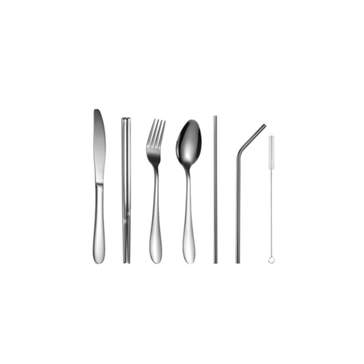 Комплект прибори за хранене TRENDY S, Неръждаема стомана, 8 части, За пътуване и офис, Хром