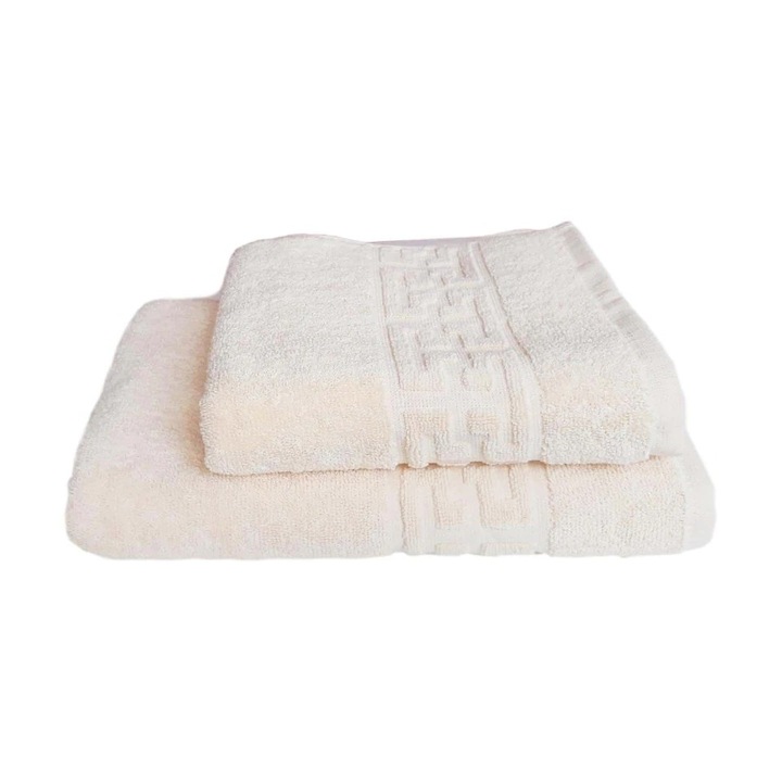 Комплект 2 кърпи, крем, 853-PR, 100% памук, гръцки бордюр, 70x140 см, 50x90 см
