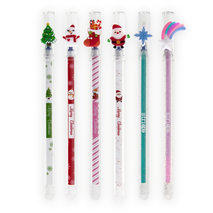 Комплект от 6 химикалки, Strigo, коледни, с термочувствително мастило, дебелина на върха 0.5 мм, синьо мастило