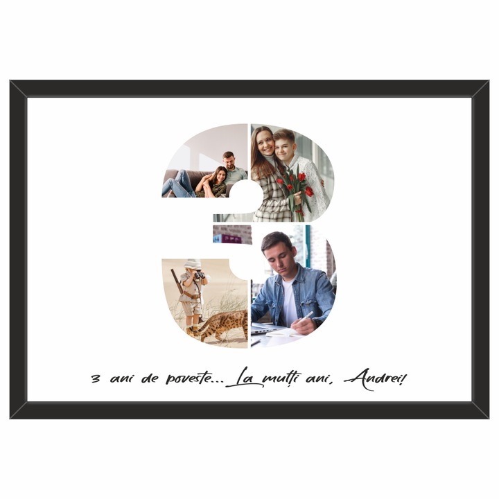 Tablou personalizat, fotografie si text, din lemn, Priti Global, cadou aniversare 3 ani, Negru, A3, 30 x 42 cm