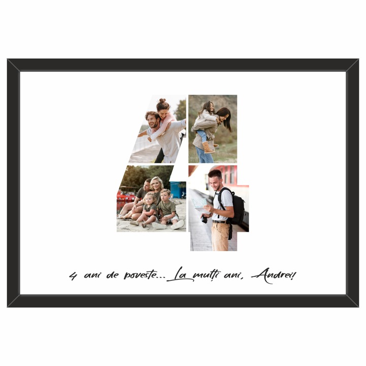 Tablou personalizat, fotografie si text, din lemn, Priti Global, cadou aniversare 4 ani, Negru, A3, 30 x 42 cm