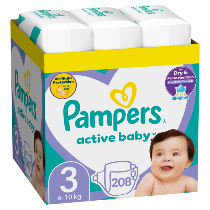 Пелени Pampers Active Baby XXL BOX, Размер 3, 6 - 10 кг, 208 броя
