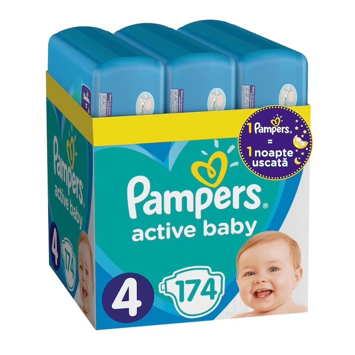 Scutece Pampers Active Baby XXL BOX, Marimea 4, 9 -14 kg, 174 buc