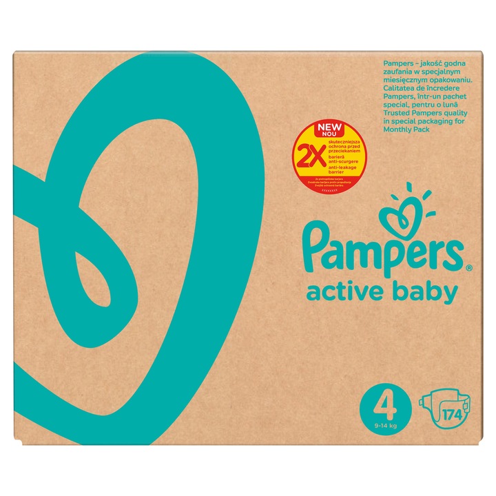 Пелени Pampers Active Baby XXL BOX, Размер 4, 9-14 кг, 174 броя