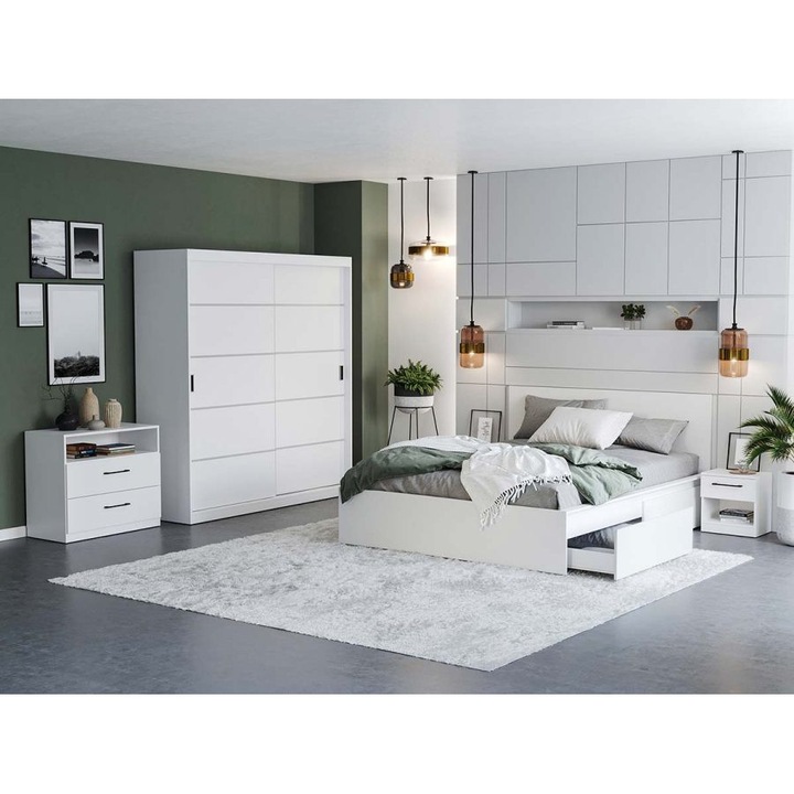 Dormitor Nordis, c/09, Pat netapitat, 160x200, Dulap 184cm, Comoda, Noptiere, Culoare Alb