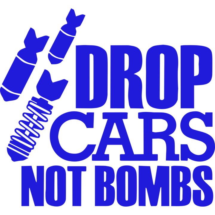 Sticker auto ''Drop cars not bombs'', 17x17 cm, Albastru