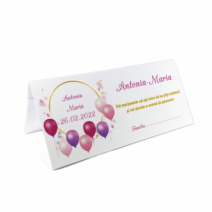 Set 10 bucati, Plic de Bani Botez Pink Balloons, carton alb, personalizate si asamblate, 21x10 cm