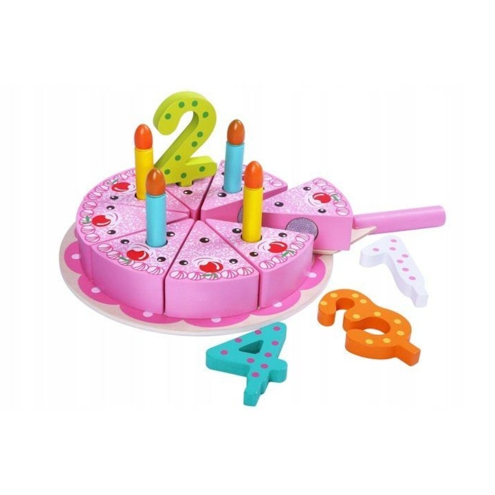 Interaktív és oktató fakészlet gyerekeknek, Születésnapi torta, 18 elem, Átmérő 15 cm, Smartic, +3 év, rózsaszín