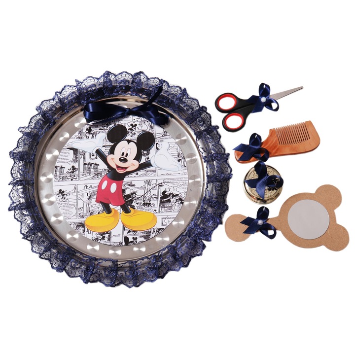 Tavita rotunda cu Mickey Mouse pentru taierea motului, 30 cm, dantela bleumarin, 6 piese, REC1969/54