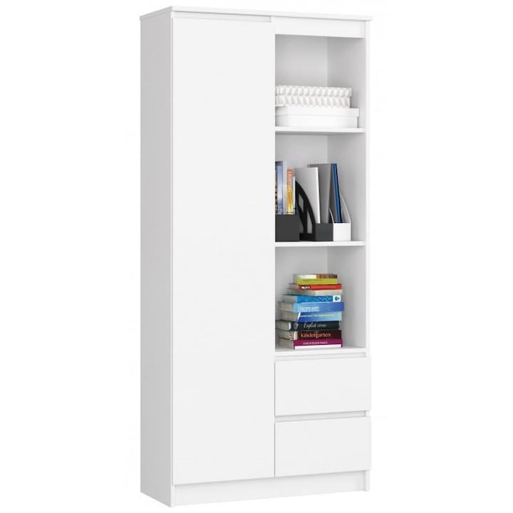 Шкаф за съхранение, библиотека, Ламинирана повърхност, 2 Чекмеджета, 7 Рафта, Бял, 80x35x180 см