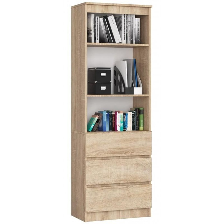 Шкаф за съхранение, библиотека, Ламинирана плоскост, 3 Чекмеджета, 3 Рафта, Цвят дъб, 60x35x180 см
