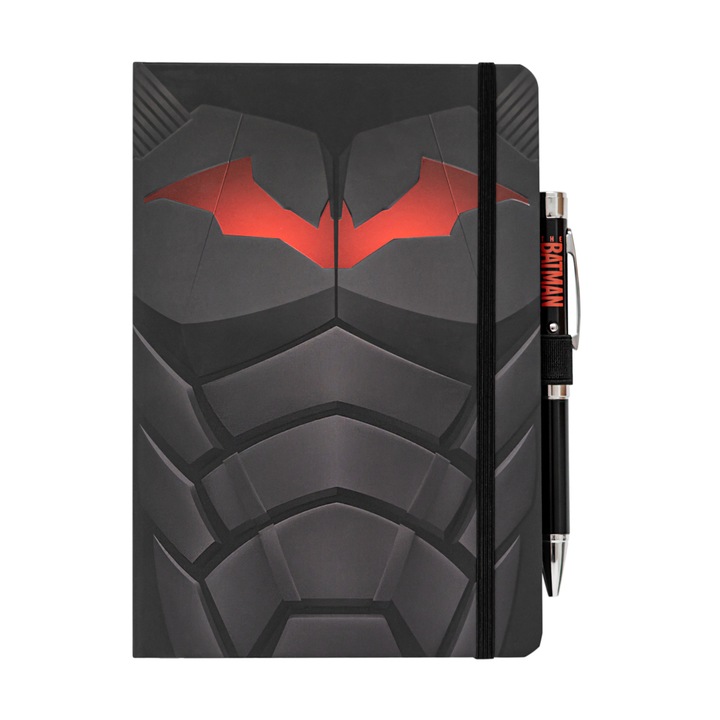 Prémium Batman Armor napló, A5, 90 lap, PU borítás, rugalmas záródás és Batman jelet kivetítő toll ajándékként, licencelt termék
