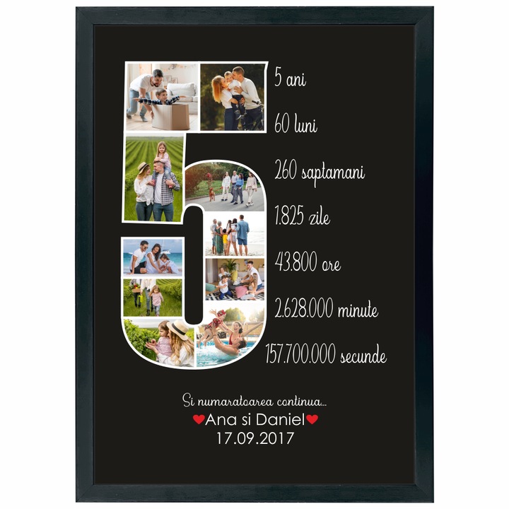 Tablou premium, personalizat cu poze si text, din lemn natural, Priti Global, cadou aniversare relatie sau casatorie, 5 ani, Negru, A3, 30 x 42 cm