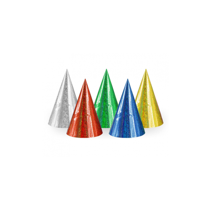 Комплект от 10 холограмни парти шапки, смесени цветове, 16 см