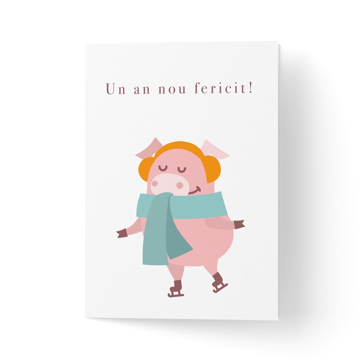 Новогодишна поздравителна картичка с плик, висококачествена текстурирана хартия - прасенце на кънки