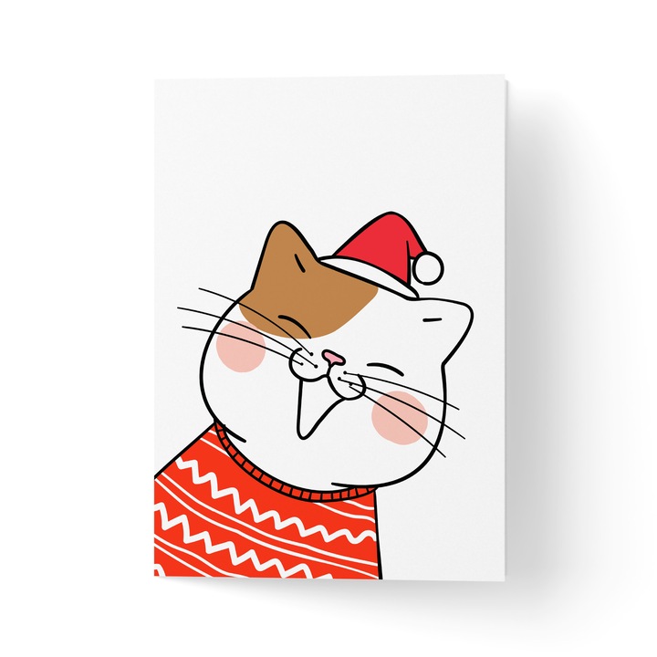 Karácsonyi üdvözlőlap borítékkal, prémium texturált papír - macska pulóverrel