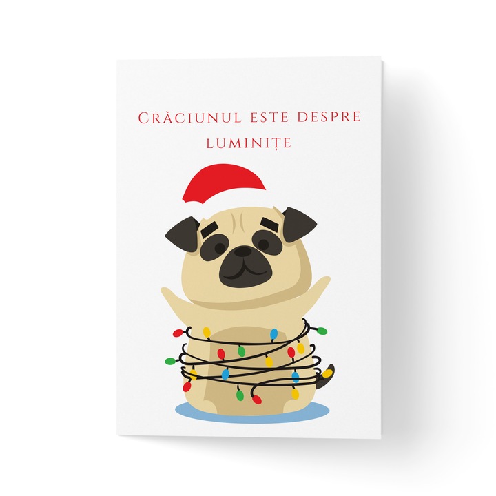 Karácsonyi üdvözlőlap borítékkal, prémium texturált papír - mopsz fényekkel