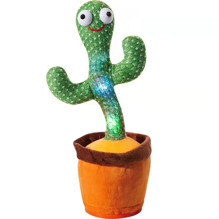 Jucarie Cactus Vorbitor si Dansator Nevermore, 50 melodii pentru copii, cu Acumulator si Cablu USB, Danseaza, Canta, Vorbeste si Inregistreaza, Inaltime 34cm, Verde