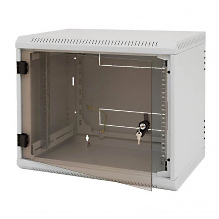 4U Triton fali állvány, 19 hüvelykes, 500 mm mélység, üvegajtó, fix oldallapok, kulcs, szürke színű