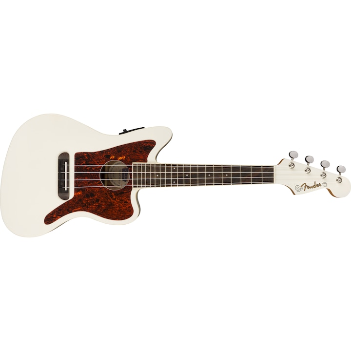 Концертно укулеле Fender Fullerton Jazzmaster, Електро акустично, Вграден тунер, Джазмастър форма, Цвят олимпик бял