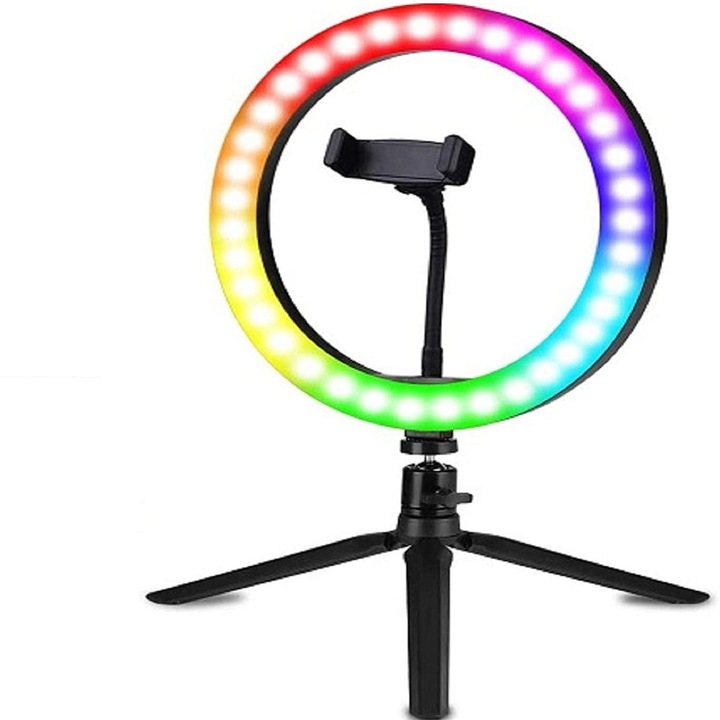 Lampa Circulara Make up Profesionala RGB LED, Poze, Suport Selfie, Circumferinta LED 26 cm/10 inch, Conectare USB, Suport Telefon, Camera foto, Cu Trepied Birou si Telecomanda