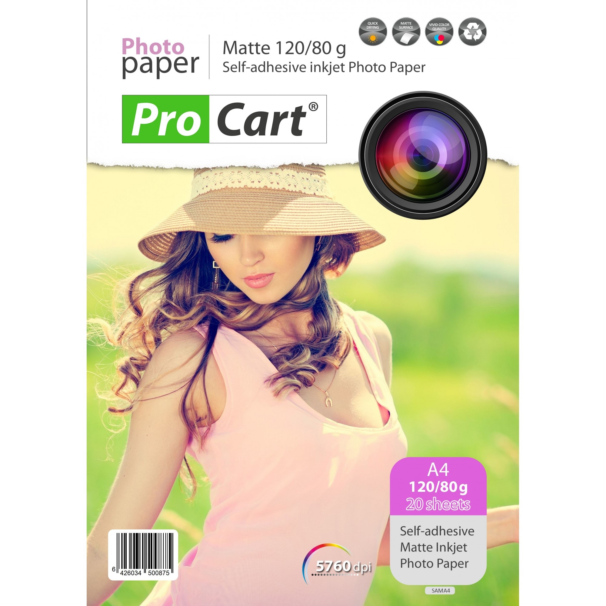 Hartie foto ProCart autoadeziva 120/80g, A4, mata, top 20 coli
