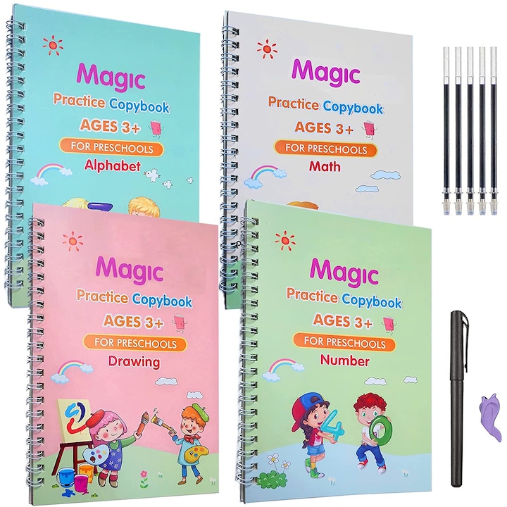 Set cu 4 caiete de lucru si stilou magic pentru scris si desenat Sank Magic, rechizite scolare, multicolor, 19 cm X 13 cm