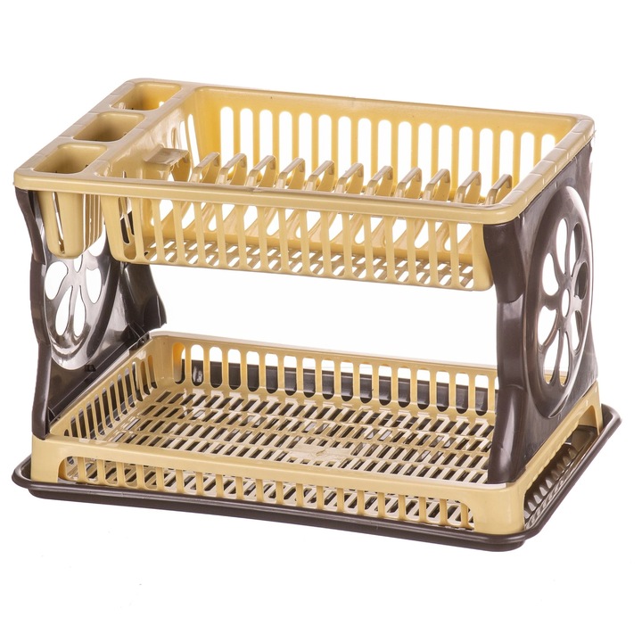 Scurgator pentru vase din plastic Valeris, 44 x 30 x 27 cm, 2 niveluri, bej/maro, CB2303