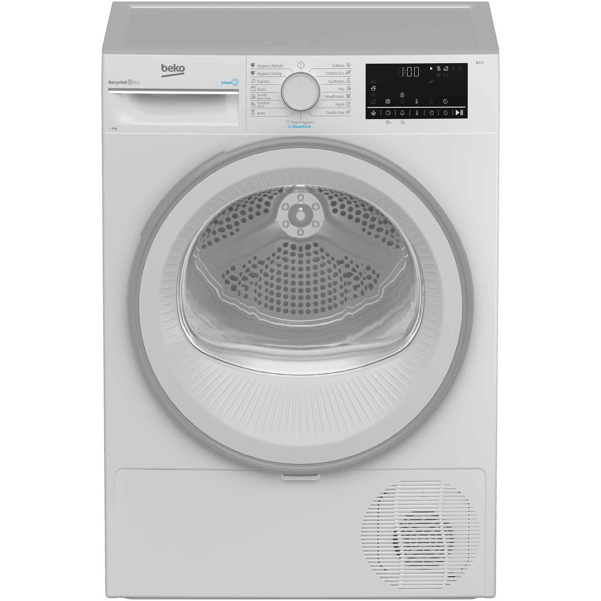 Uscator de rufe Beko B3T42242, Pompa de caldura, 8 kg, 15 programe, Clasa C, RecycledDry, Motor ProSmart™ Inverter, OptiSense, Aquawave®, Alb