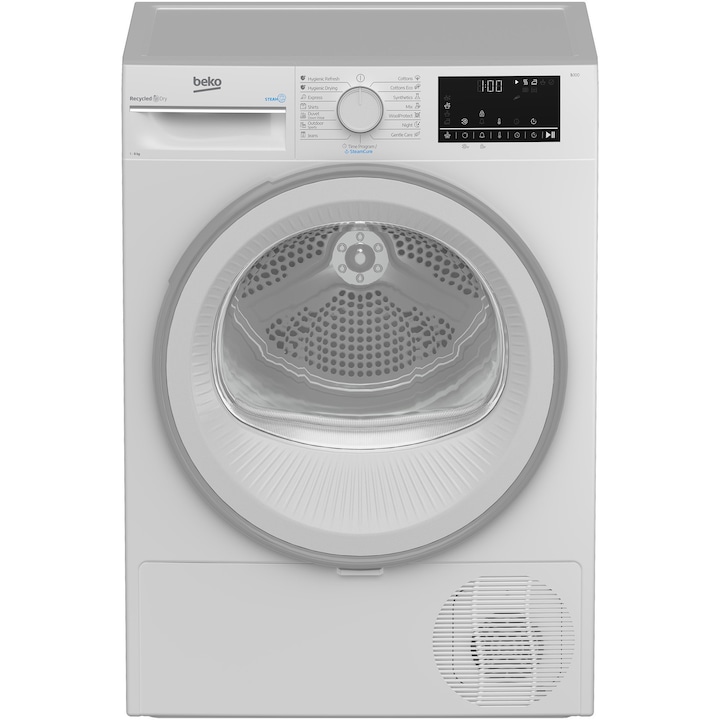 Сушилня Beko B3T42242, Термопомпа, 8 кг, 15 програми, Клас C, RecycledDry, Мотор ProSmart™ Inverter, OptiSense, Aquawave®, Бял