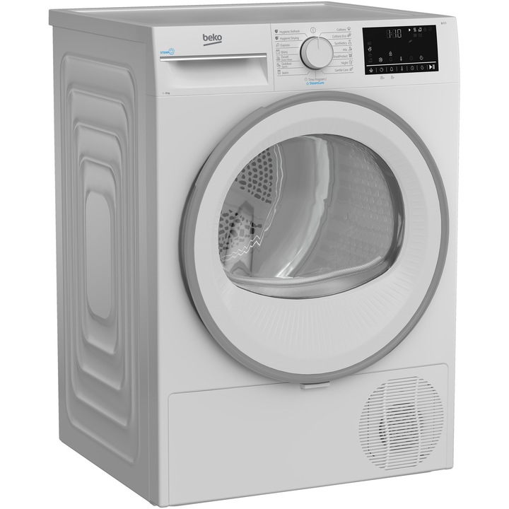 Сушилня Beko B3T42242, Термопомпа, 8 кг, 15 програми, Клас C, RecycledDry, Мотор ProSmart™ Inverter, OptiSense, Aquawave®, Бял