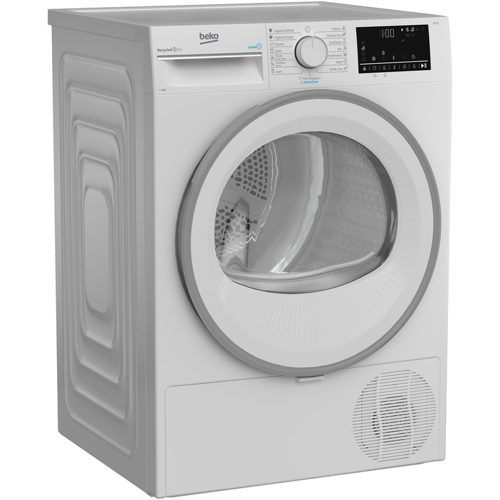 Сушилня Beko B3T42242, Термопомпа, 8 кг, 15 програми, Клас C, RecycledDry, Мотор ProSmart™ Inverter, OptiSense, Aquawave®, Бял