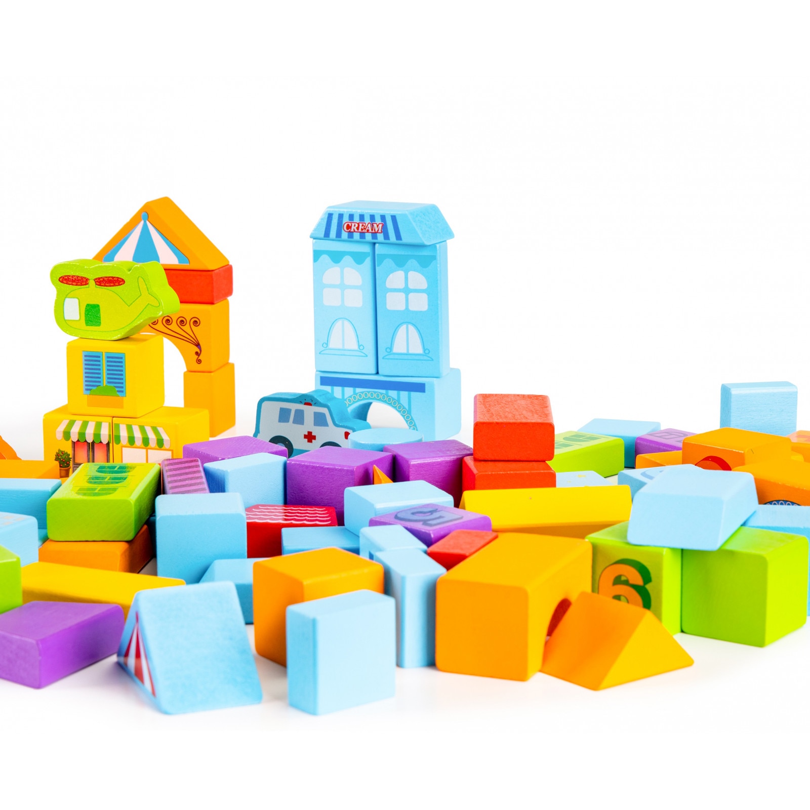 Set cuburi educative din lemn 100 piese, Ilustratii Cladiri, Vehicule ...