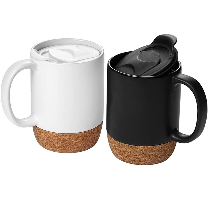 2 db-os kávé/tea csésze készlet, Quasar & Co.®, utazó/utazó bögrék, to go fedéllel, parafa talp, kerámia, 400 ml, fekete és fehér színben