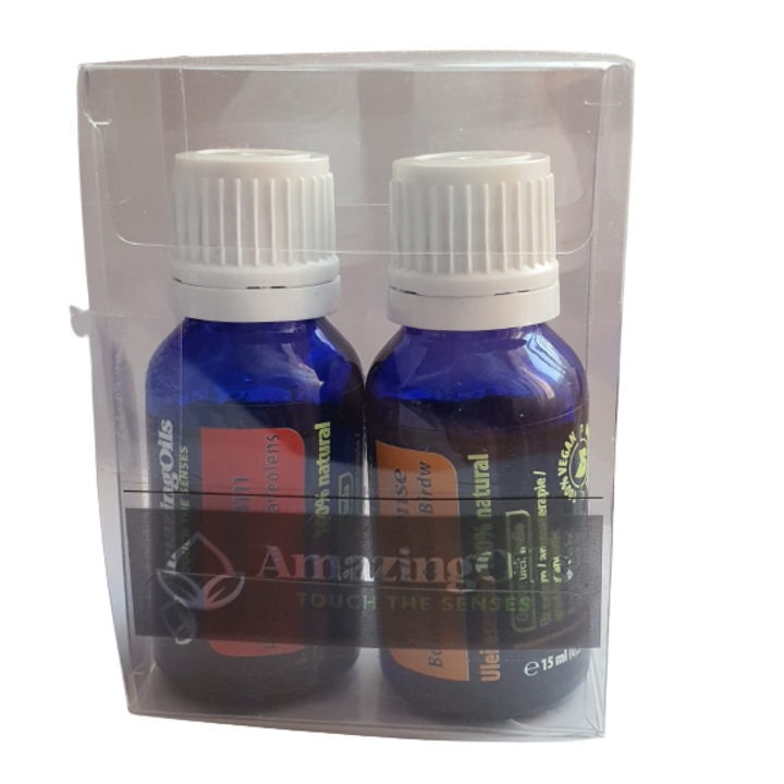 Комплект от 2 етерични масла от здравец и тамян, AmazingOils, 2 x 15 ml