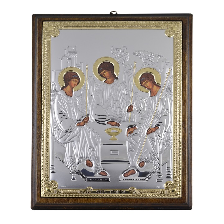 Icoana placata cu argint, pictata, rama lemn masiv - Sfanta Treime - Auriu, rama antichizata dreapta, lemn masiv mesteacan, 15x12 cm, 1/4